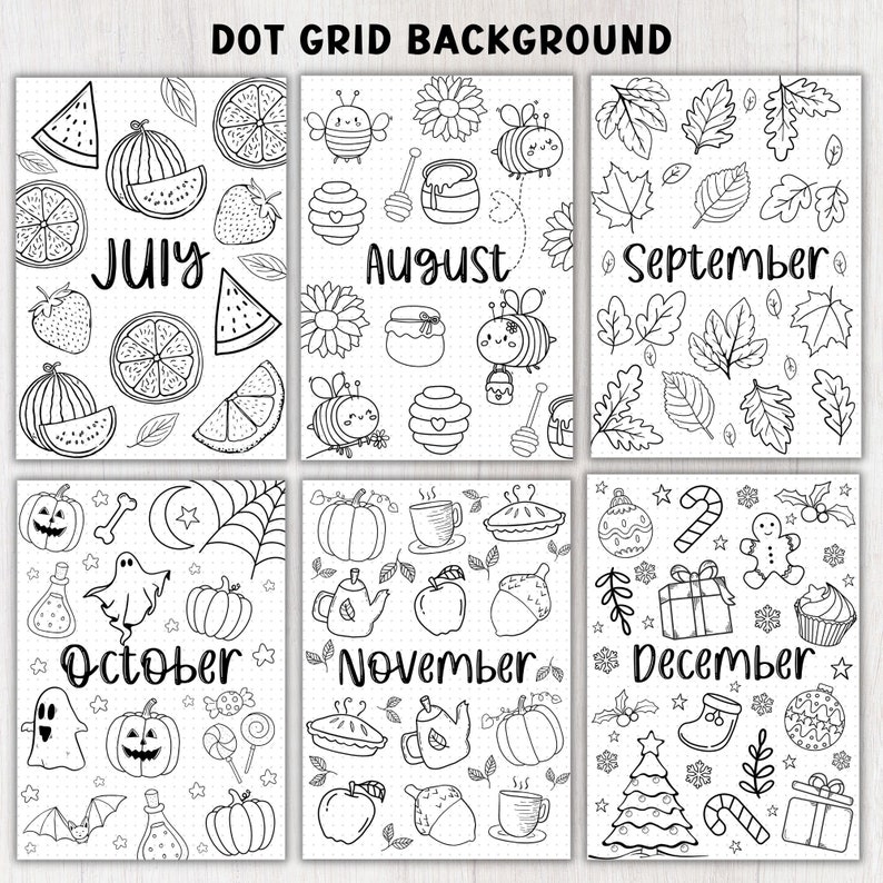 Puede incluir: Fondo de cuadr&iacute;cula de puntos imprimible en blanco y negro con ilustraciones tem&aacute;ticas mensuales. Los meses son julio, agosto, septiembre, octubre, noviembre y diciembre. Cada mes tiene un tema diferente, como sand&iacute;a, abejas, hojas, calabazas y &aacute;rboles de Navidad.