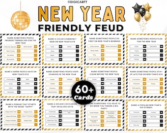 New year's family games bundle,New year friendly feud card game,Family feud game,New year trivia game printable,Holiday office party games