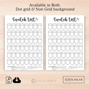 Pu&ograve; includere: Due fogli stampabili con una griglia di 48 campioni vuoti, ognuno con una forma di rettangolo arrotondato. Il testo "Swatch test" &egrave; in cima a ogni foglio. Un foglio ha uno sfondo a griglia punteggiata e l'altro foglio ha uno sfondo bianco semplice. Il testo "Available in Both Dot grid & Non Grid background" &egrave; in cima all'immagine.