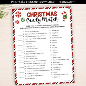 May include: A printable Christmas Candy Match game with a red and white striped border. The game features a list of candy slogans to match with candy names. The title "Christmas Candy Match" is in red and white. The game is available for instant download.