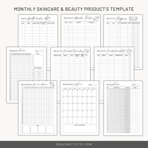 May include: Printable black and white planner pages for tracking skincare, beauty products, sleep, and periods. The pages include sections for product reactions, inventory, wishlists, and monthly self-care.