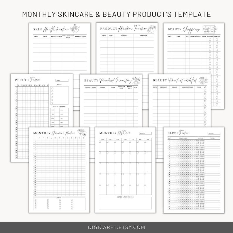 May include: Printable black and white planner pages for tracking skincare, beauty products, sleep, and periods. The pages include sections for product reactions, inventory, wishlists, and monthly self-care.