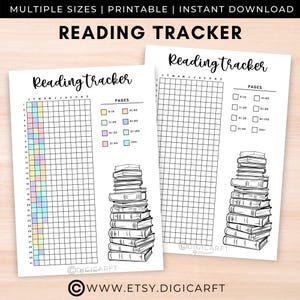 Pode incluir: Rastreador de leitura imprimível com uma grade para rastrear livros lidos por mês e número de páginas. O rastreador tem uma ilustração de uma pilha de livros e o texto "Reading Tracker" no topo.
