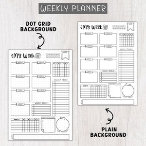 May include: Two printable weekly planner templates. The first template has a dot grid background and the second template has a plain background. Both templates include sections for daily tasks, weekly goals, habits, appointments, and notes.