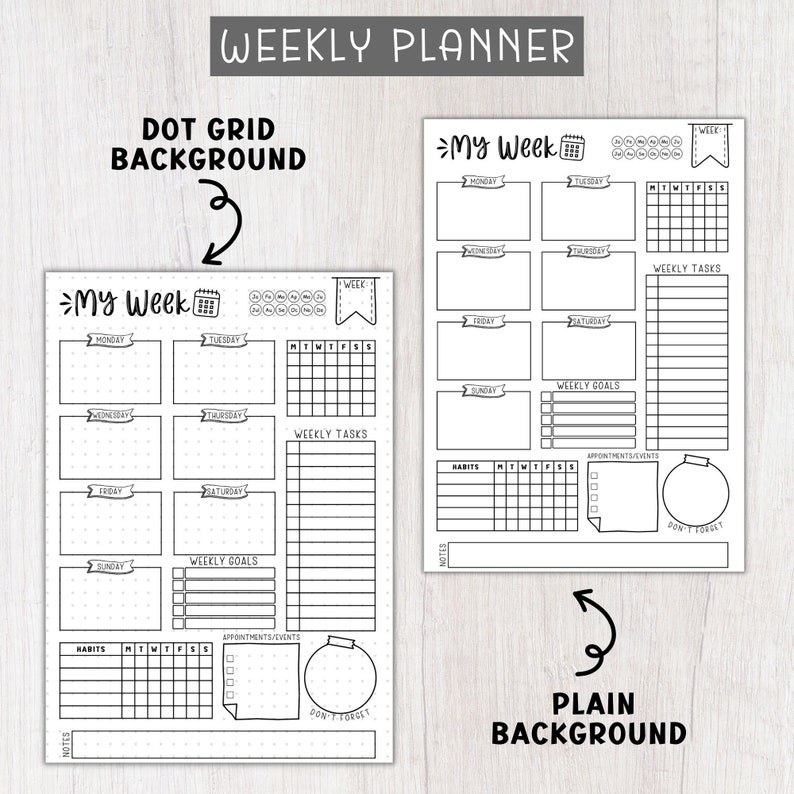 May include: Two printable weekly planner templates. The first template has a dot grid background and the second template has a plain background. Both templates include sections for daily tasks, weekly goals, habits, appointments, and notes.