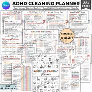 ADHD-schoonmaakplannerbundel pdf bewerkbaar canvas, schoonmaakschema voor huis, wekelijks, maandelijks, jaarlijkse schoonmaakchecklist, opruimen, overzicht van huishoudelijke taken