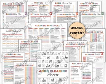 Pacchetto di pianificazione delle pulizie per ADHD in formato PDF modificabile su Canva, Programma di pulizie domestiche, Lista di controllo per le pulizie settimanali, mensili e annuali, Eliminazione del superfluo, Tabella delle faccende domestiche familiari