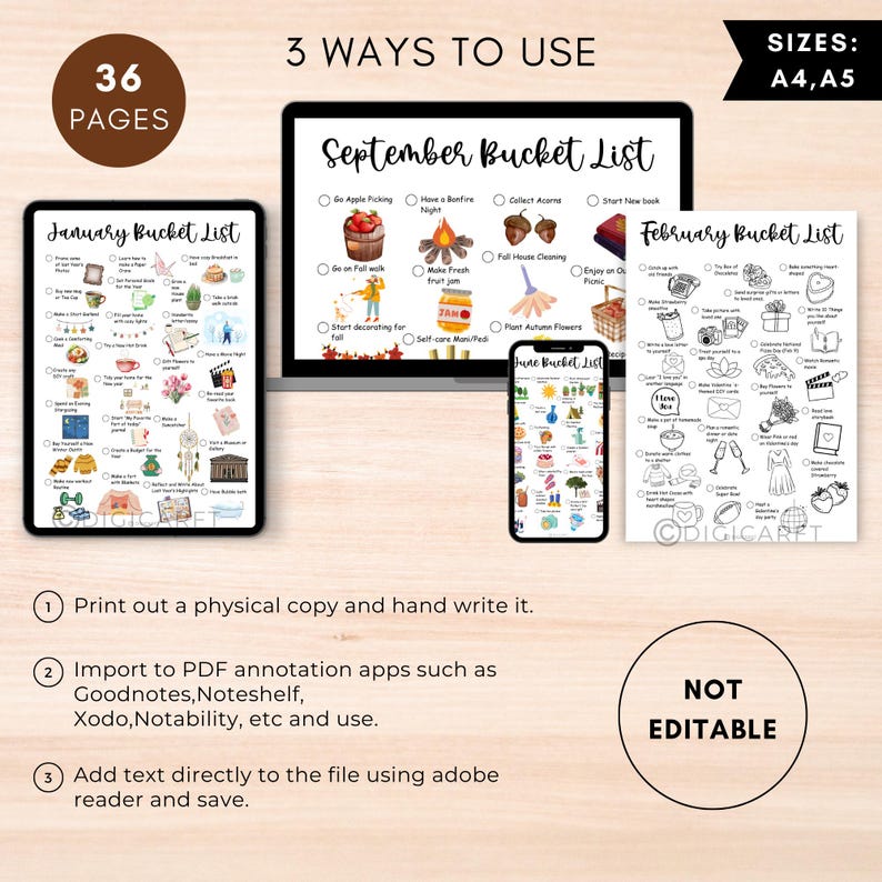 May include: A printable set of 36 monthly bucket list pages in A4 and A5 sizes. The pages feature a variety of activities to do each month, such as apple picking, making fresh fruit jam, and enjoying a picnic. The pages are designed with a watercolor style and include illustrations of the activities.
