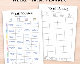 Modèle imprimable de planificateur de repas hebdomadaire, bullet journal de page de journal de repas, pages de bujo de préparation de repas A5, traqueur quotidien de nourriture, ipad de planification de régime de santé