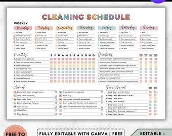 Editable cleaning schedule checklist canva adhd,Home cleaning planner weekly monthly yearly Clean house schedule printable,house chore chart