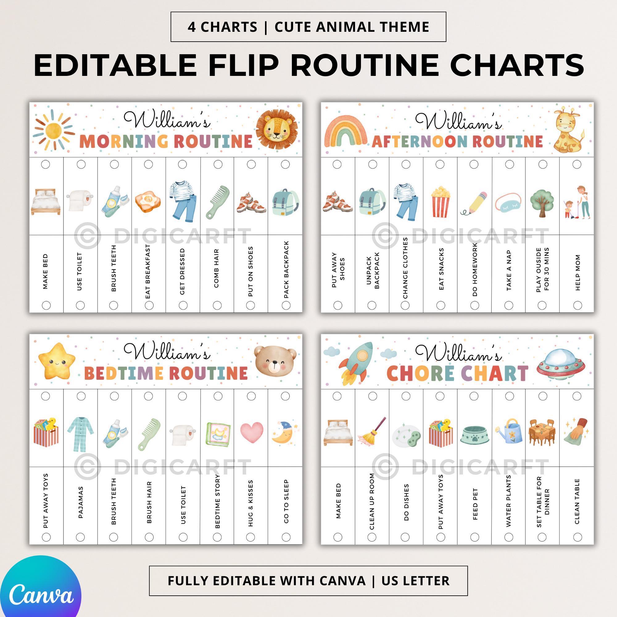 Routine flip chart editable kids,morning routine,Chore chart,Bedtime routine,Daily routine chart toddler boy,flip routine chart canva edit