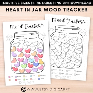 Op de afbeelding: Een printbare mood tracker met een hartvormige pot met hartjes erin. De hartjes zijn kleurgecodeerd om verschillende stemmingen weer te geven, zoals kalm, ontspannen, verdrietig, boos, gefrustreerd, blij, normaal, moe, gestrest en angstig. De tekst "Mood Tracker'" staat bovenaan de pagina.