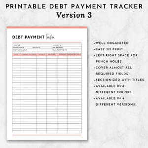 May include: Printable debt payment tracker with a pink and black color scheme. The tracker has columns for date, starting balance, interest, principal, payment, and ending balance. The tracker also has a section for creditor information, interest rate, starting balance, due date, account number, minimum payment, and goal payoff date. The tracker is well organized and easy to print. It has left-right space for punch holes and covers almost all required fields. The tracker is sectioned with titles and is available in 8 different colors and 4 different versions.