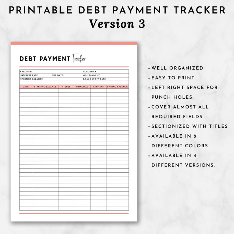 May include: Printable debt payment tracker with a pink and black color scheme. The tracker has columns for date, starting balance, interest, principal, payment, and ending balance. The tracker also has a section for creditor information, interest rate, starting balance, due date, account number, minimum payment, and goal payoff date. The tracker is well organized and easy to print. It has left-right space for punch holes and covers almost all required fields. The tracker is sectioned with titles and is available in 8 different colors and 4 different versions.
