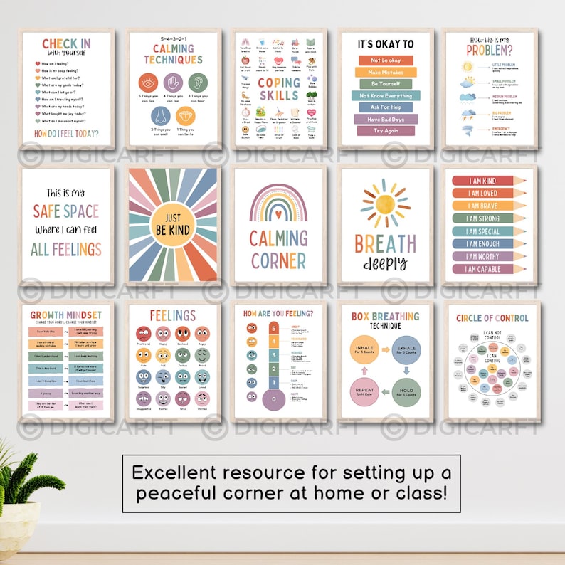 Calm down corner poster decor for kids room,calming corner classroom posters bundle,Coping skills,Circle of control,counselling room mental health emotional wellness banner,classroom calm down corner prints,Educational Wall art,Rainbow breathing classroom set,positive affirmation poster Teens,Calming strategies visuals printable Digital download, Be kind poster, How are you feeling poster, How big is my Problem Decor poster, Circle of control poster