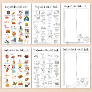 May include: Black and white printable bucket list for August and September. The list includes activities like going to a waterpark, making homemade ice cream, and having a bonfire.