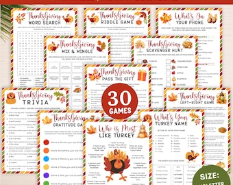 Thanksgiving games bundle printabl,Holiday party game bundle, Thanksgiving trivia,Fall activities kid,who is most like turkey,Scavenger hunt