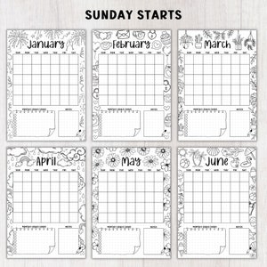 Puede incluir: P&aacute;ginas de planificador en blanco y negro con los meses de enero a junio. Cada mes tiene una cuadr&iacute;cula de calendario, espacio para objetivos mensuales y notas, y bordes decorativos con temas de temporada. El texto "SUNDAY STARTS" est&aacute; en la parte superior.