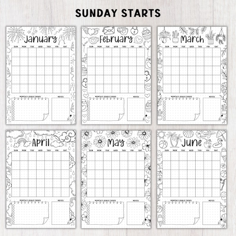 Puede incluir: P&aacute;ginas de planificador en blanco y negro con los meses de enero a junio. Cada mes tiene una cuadr&iacute;cula de calendario, espacio para objetivos mensuales y notas, y bordes decorativos con temas de temporada. El texto "SUNDAY STARTS" est&aacute; en la parte superior.