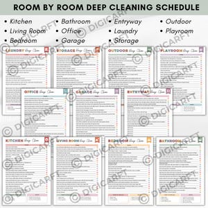 K&ouml;nnte beinhalten: Ein druckbarer Tiefenreinigungsplan mit Checklisten f&uuml;r verschiedene R&auml;ume, darunter K&uuml;che, Bad und Schlafzimmer. Der Plan ist nach R&auml;umen geordnet, mit Aufgaben f&uuml;r jeden Bereich. Der Text "ROOM BY ROOM DEEP CLEANING SCHEDULE" steht oben.