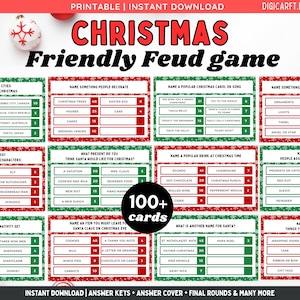 Afdrukbare game kerstvriendelijke vete, familievetequiz, gamekit voor feest op kantoor, leuke kerstactiviteiten voor een groep, kersttrivia
