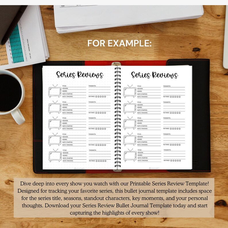A5 TV tracker pages, Bujo series review pages, Entertainment tracking journal, Digital movie and show tracker, Episodes watched Bujo template, Series rating journal