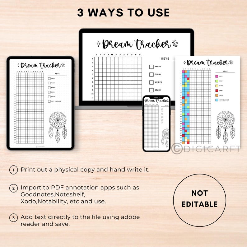 May include: Three different versions of a printable dream tracker. The tracker is a grid with a dreamcatcher illustration. The first version is black and white, the second is a colour-coded grid, and the third is a black and white grid on a phone screen.