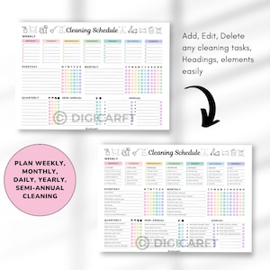Editable cleaning schedule checklist canva,ADHD Home cleaning planner weekly monthly yearly Semi annualy, Quarterly Clean house schedule printable,house chore chart,Digital cleaning template,Printable cleaning checklist home,Kitchen,Bathroom,Living room,Bedroom Cleaning checklict,All in one cleaning temaplate Pastel colors