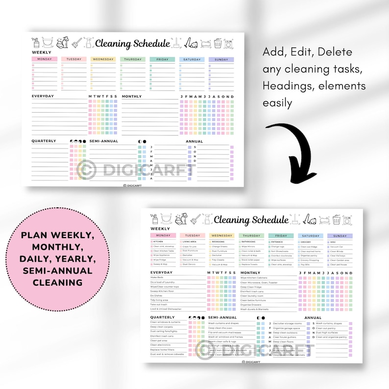 Editable cleaning schedule checklist canva,ADHD Home cleaning planner weekly monthly yearly Semi annualy, Quarterly Clean house schedule printable,house chore chart,Digital cleaning template,Printable cleaning checklist home,Kitchen,Bathroom,Living room,Bedroom Cleaning checklict,All in one cleaning temaplate Pastel colors