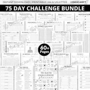 Puede incluir: Un paquete imprimible en blanco y negro para un desafío de 75 días con más de 60 páginas. Incluye rastreadores para fitness, pasos, bienestar, planificación diaria y más. Presenta el texto "75 DAY CHALLENGE BUNDLE".