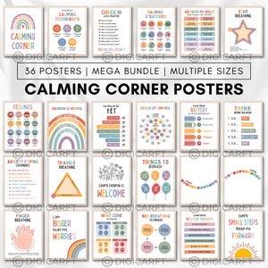 Könnte beinhalten: Eine Sammlung von 36 Calm-Corner-Postern mit verschiedenen Themen, darunter Entspannungstechniken und Gefühle. Jedes Poster zeigt farbenfrohe Illustrationen und Text, die für den Bildungs- oder Therapiegebrauch bestimmt sind.