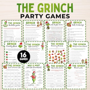 Pode incluir: Uma coleção de 16 jogos de festa com o tema Grinch, incluindo trivia, charadas e jogo da memória. Os jogos apresentam designs coloridos com o personagem Grinch e elementos festivos. O título "THE GRINCH PARTY GAMES" é exibido no topo.