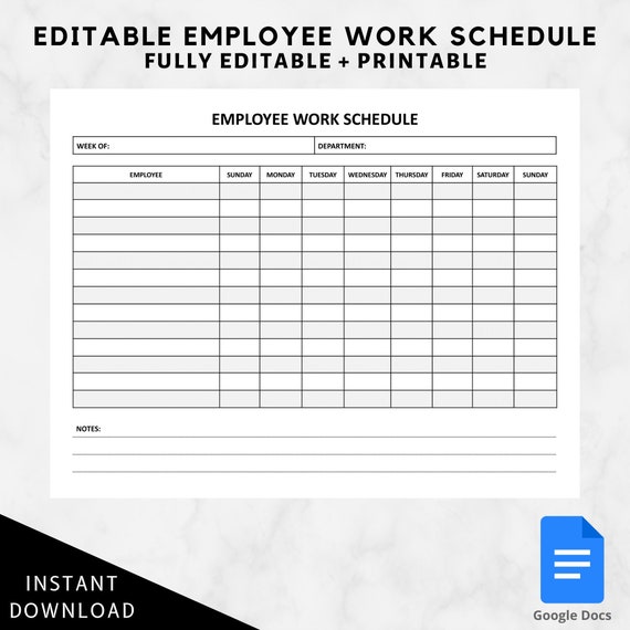 Employee Work Schedule Templateemployee Weekly Schedule - Etsy