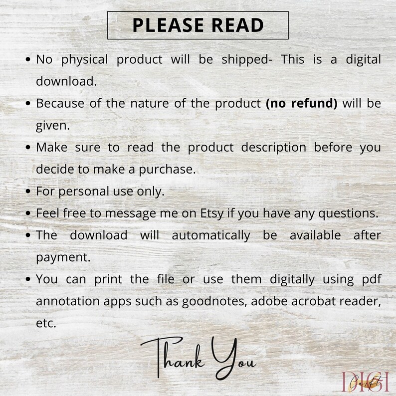 K&ouml;nnte beinhalten: Eine Grafik mit Produktinformationen f&uuml;r einen digitalen Download mit dem Text "PLEASE READ" in einem wei&szlig;en Kasten auf einem Holzhintergrund. Der Text enth&auml;lt Informationen dar&uuml;ber, dass es sich um einen digitalen Download handelt, keine R&uuml;ckerstattung m&ouml;glich ist und Anweisungen zur Verwendung des Produkts.