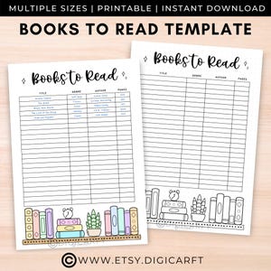 Puede incluir: Plantilla de lista de libros imprimible con columnas para el título, el género, el autor y el número de páginas. La plantilla presenta una estantería con libros, un reloj y una planta en maceta.