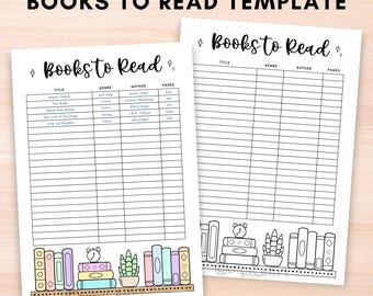 May include: Printable book list template with a title, genre, author, and pages columns. The template features a bookshelf with books, a clock, and a potted plant.