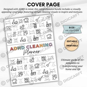 K&ouml;nnte beinhalten: ADHS-Reinigungsplaner-Titelseite mit Reinigungs-Symbolen. Das Design enth&auml;lt den Text "ADHS Cleaning Planner" und "Editable + Printable". Die Gr&ouml;&szlig;e ist A4, US Letter. Die Titelseite soll inspirieren und motivieren.