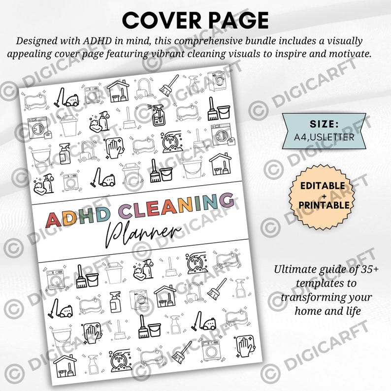 K&ouml;nnte beinhalten: ADHS-Reinigungsplaner-Titelseite mit Reinigungs-Symbolen. Das Design enth&auml;lt den Text "ADHS Cleaning Planner" und "Editable + Printable". Die Gr&ouml;&szlig;e ist A4, US Letter. Die Titelseite soll inspirieren und motivieren.