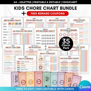 Kids chore chart bundle editable,Kids daily checklist canva,editable responsibility chart bundle,Allowance,Screentime,Behavior,Reward charts