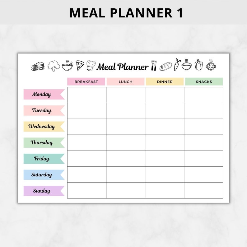 Peut inclure: Un planificateur de repas imprimable avec un design color&eacute;. Le planificateur est divis&eacute; en sept jours de la semaine, avec des colonnes pour le petit-d&eacute;jeuner, le d&eacute;jeuner, le d&icirc;ner et les collations. Le planificateur comprend des ic&ocirc;nes pour diff&eacute;rents types d'aliments.
