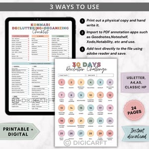 May include: A digital decluttering and organizing checklist and a 30-day declutter challenge printable. The checklist is on a tablet, and the challenge is on a white sheet with numbered circles. The text includes "Konmari" and "Instant download."