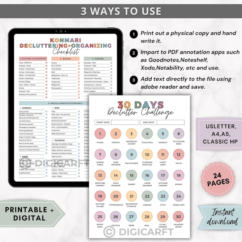 May include: A digital decluttering and organizing checklist and a 30-day declutter challenge printable. The checklist is on a tablet, and the challenge is on a white sheet with numbered circles. The text includes "Konmari" and "Instant download."