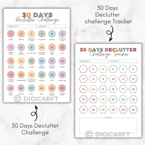 May include: Two printable declutter challenge trackers. Each tracker features a 30-day declutter challenge with numbered circles and areas to declutter, such as the bedroom closet and kitchen island. The text "30 Days Declutter Challenge" is at the top.