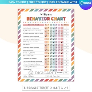 Könnte beinhalten: Eine farbenfrohe Verhaltenstabelle mit dem Titel "William's Behavior Chart". Die Tabelle enthält Verhaltensziele, einen Wochen-Tracker und einen Belohnungsbereich. Größe US Letter (27,9 cm x 21,6 cm) & A4.