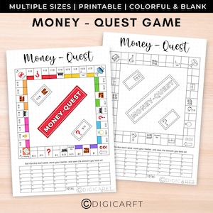 Puede incluir: Tablero de juego de dinero imprimible en blanco y negro y en color con el título "Money-Quest Game". El tablero de juego presenta un tablero de juego colorido con espacios para que los jugadores muevan sus fichas y un tablero de juego en blanco para que los jugadores lo personalicen.