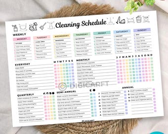 Editable cleaning schedule checklist,ADHD Home cleaning planner Daily weekly monthly yearly,Family cleaning chart,Household Kids chores list