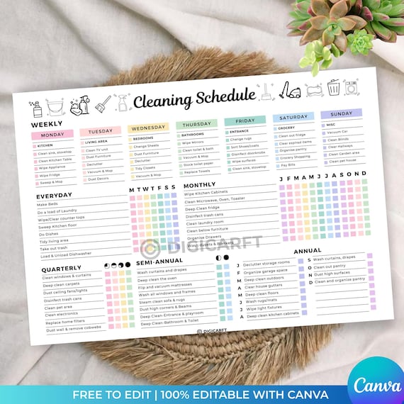 Editable cleaning schedule checklist,ADHD Home cleaning planner Daily weekly monthly yearly,Family cleaning chart,Household Kids chores list