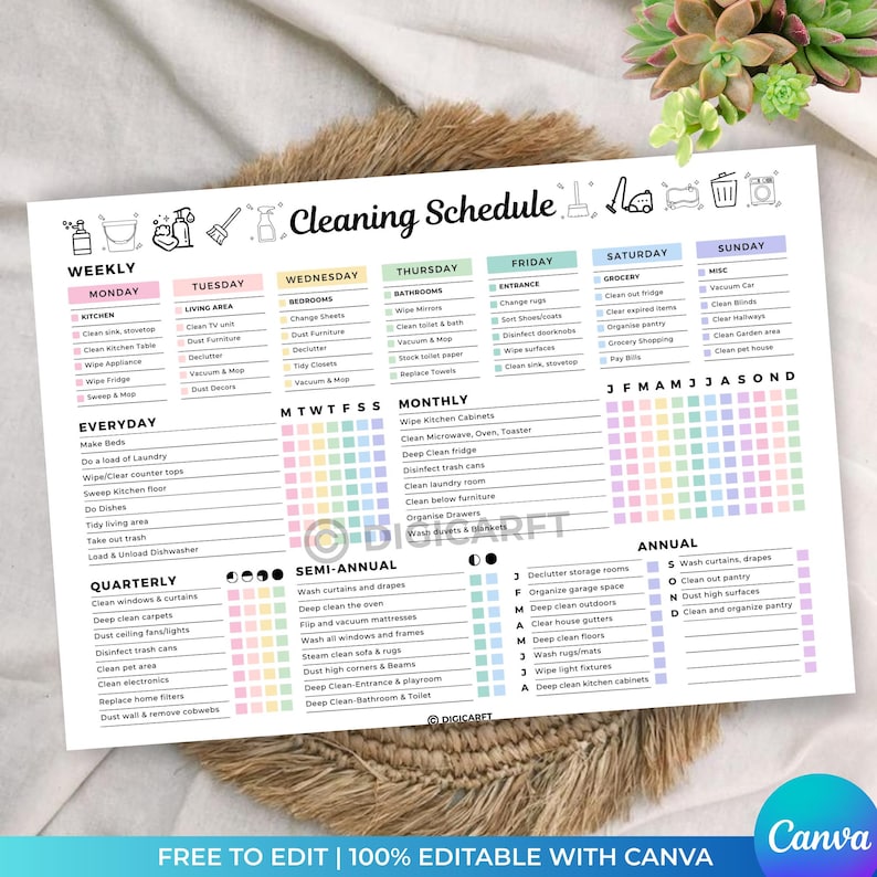 Editable cleaning schedule checklist canva,ADHD Home cleaning planner weekly monthly yearly Semi annualy, Quarterly Clean house schedule printable,house chore chart,Digital cleaning template,Printable cleaning checklist home,Kitchen,Bathroom,Living room,Bedroom Cleaning checklict,All in one cleaning temaplate Pastel colors