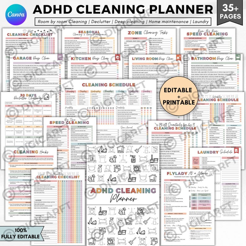 K&ouml;nnte beinhalten: Eine Sammlung druckbarer ADHD-Reinigungsplaner mit verschiedenen Checklisten und Zeitpl&auml;nen. Die Seiten umfassen die Reinigung von Raum zu Raum, das Entr&uuml;mpeln und Aufgaben der Hauswartung. Der Planer ist vollst&auml;ndig editierbar und enth&auml;lt &uuml;ber 35 Seiten.