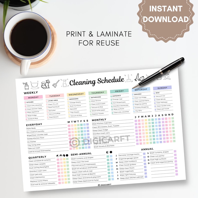 Editable cleaning schedule checklist canva,ADHD Home cleaning planner weekly monthly yearly Semi annualy, Quarterly Clean house schedule printable,house chore chart,Digital cleaning template,Printable cleaning checklist home,Kitchen,Bathroom,Living room,Bedroom Cleaning checklict,All in one cleaning temaplate Pastel colors